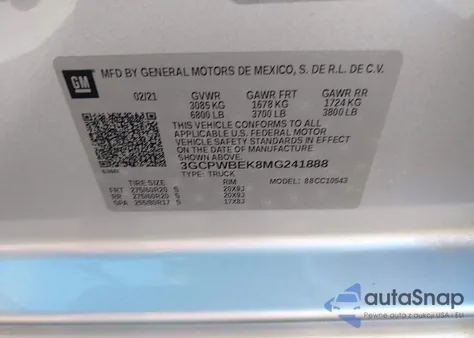 2021 Chevrolet Silverado 1500 2Wd Short Bed Custom z USA, uszkodzony, nr VIN 3GCPWBEK8MG241888